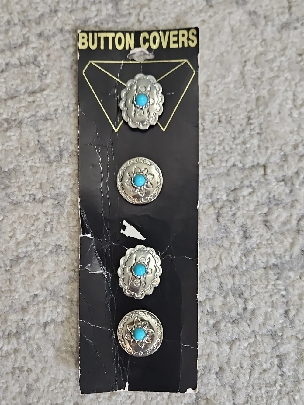 Vintage Silver-Tone Turquoise Button Covers - Pack of 4